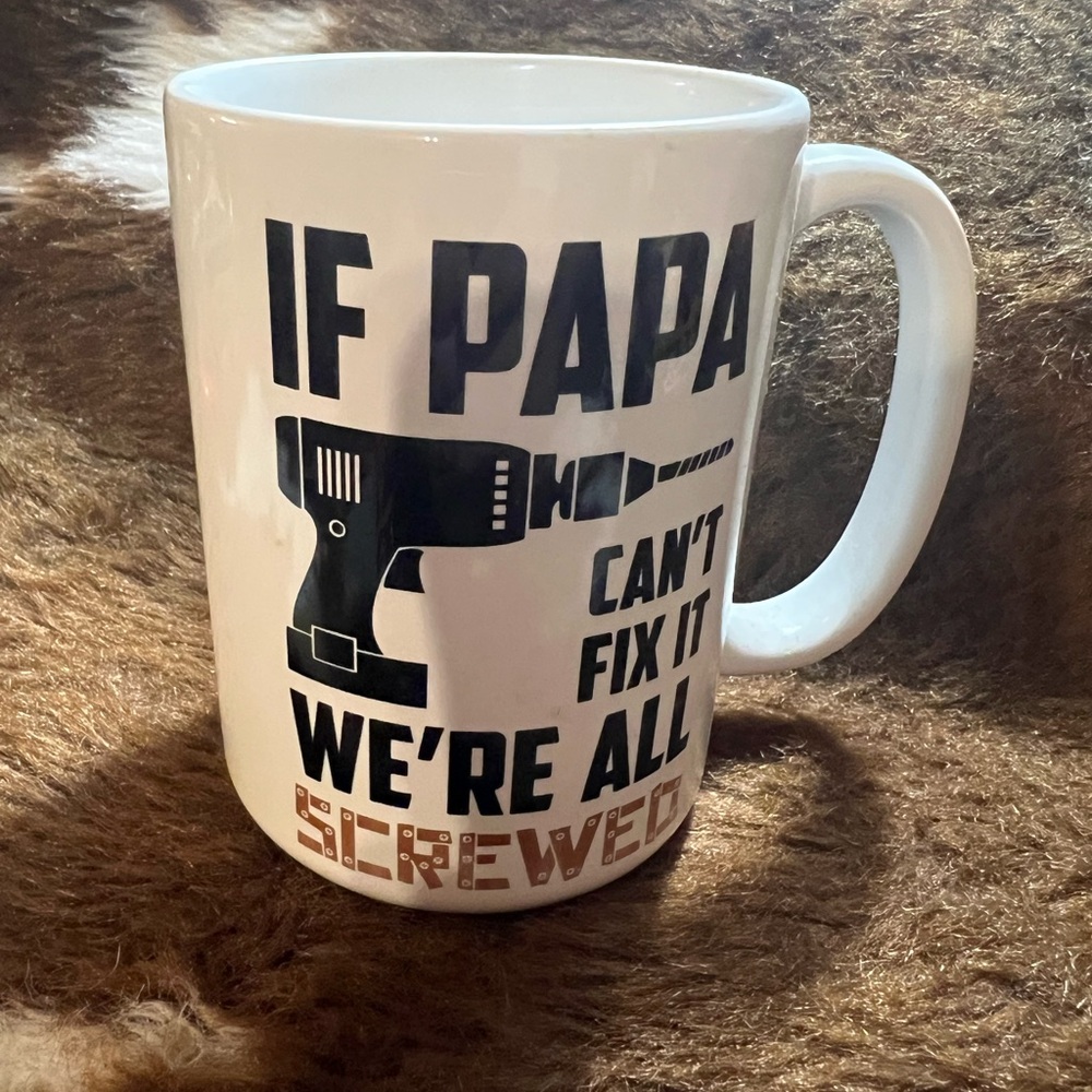White Mug with Black Text and Drill Design